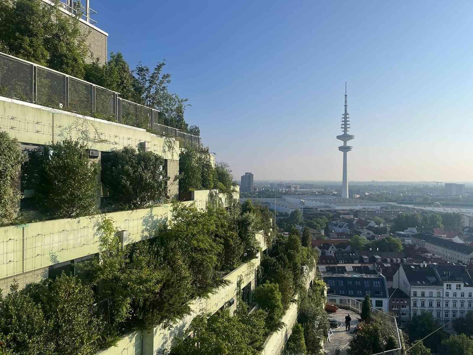 Der Dachgarten des Bunkers von Seite fotografiert. Der Fernsehturm ist im Hintergrund.