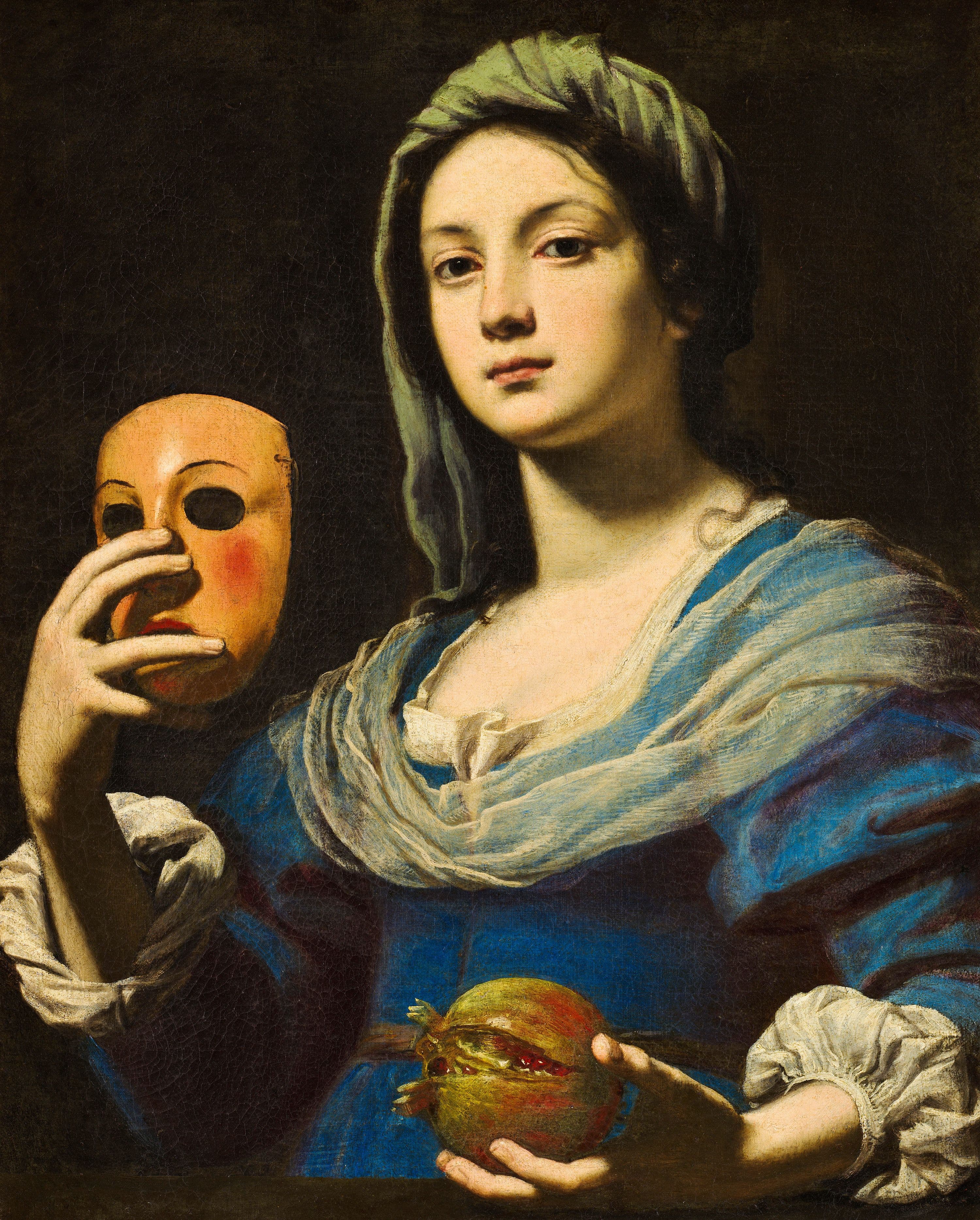 Lorenzo Lippis Gemälde "Frau mit Maske". Es zeigt den Oberkörper einer Frau, die eine Maske in ihrer rechten Hand und einen Granatapfel in ihrer linken Hand hält.