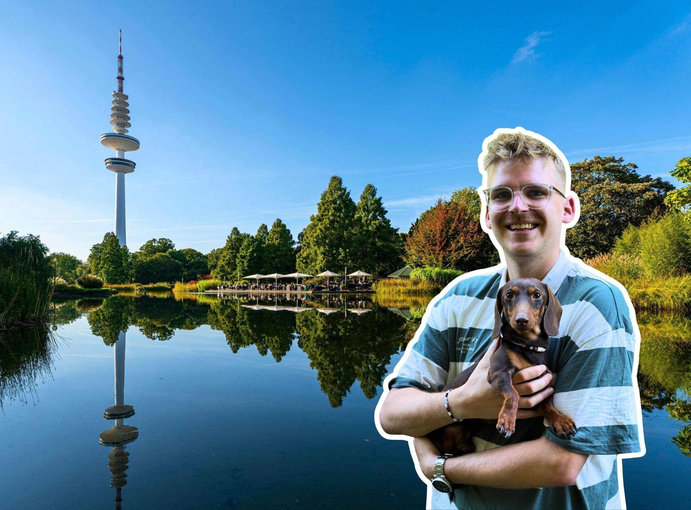 Leon und sein Hund Fiete mit dem Fernsehturm im Hintergrund