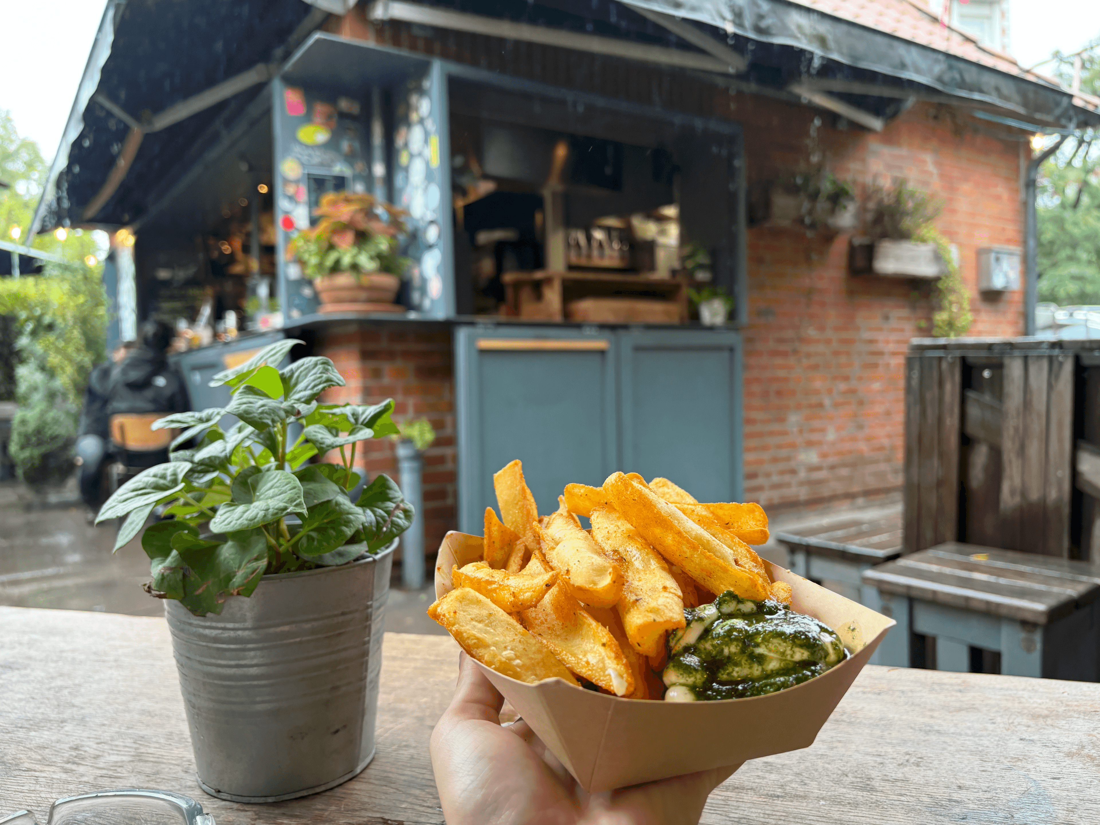 Eine Schale Pommes, eine Pflanze daneben und ein Café im Hintergrund