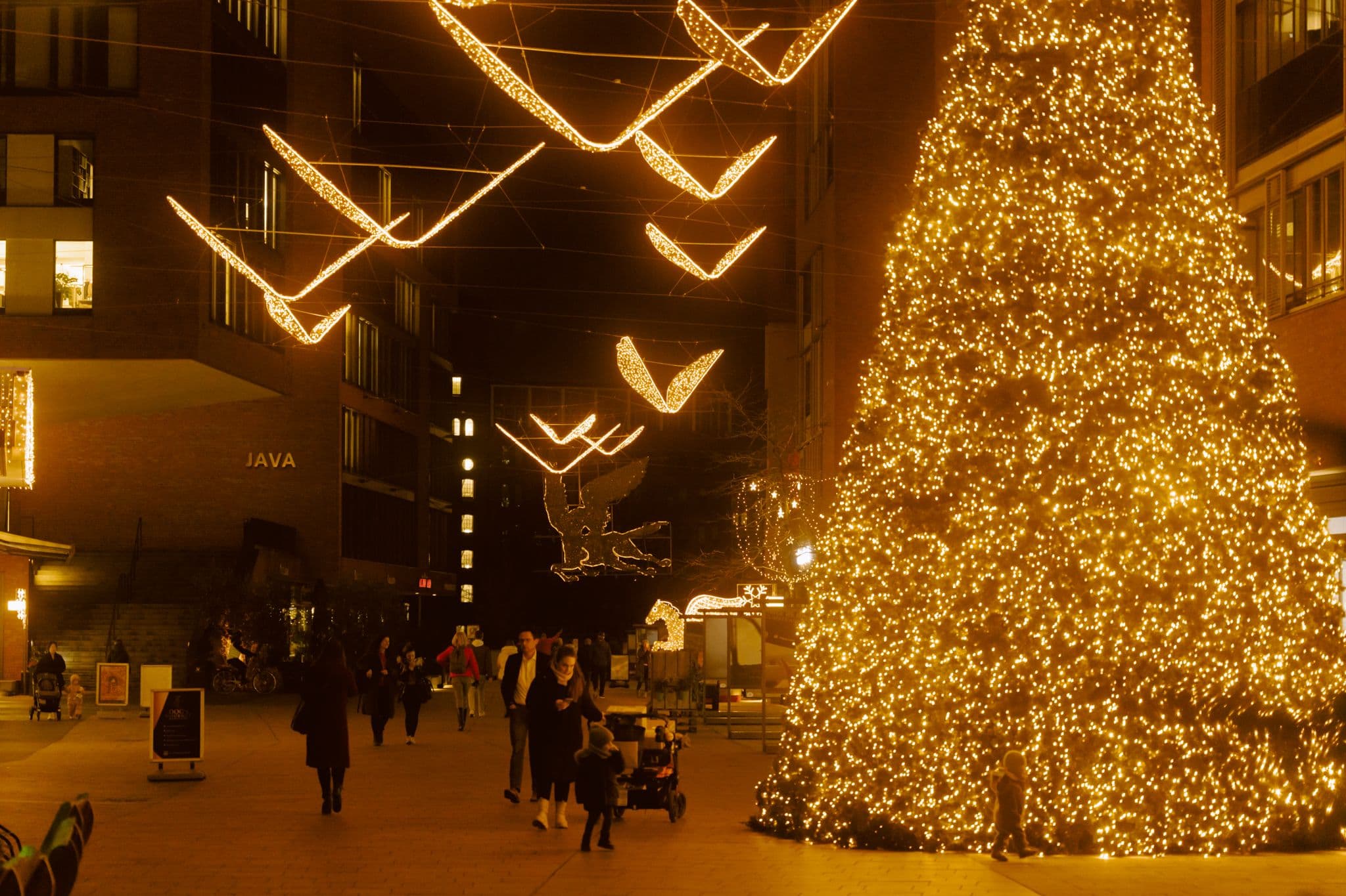 Ein festlich leuchtender Weihnachtsbaum auf dem Überseeboulevard