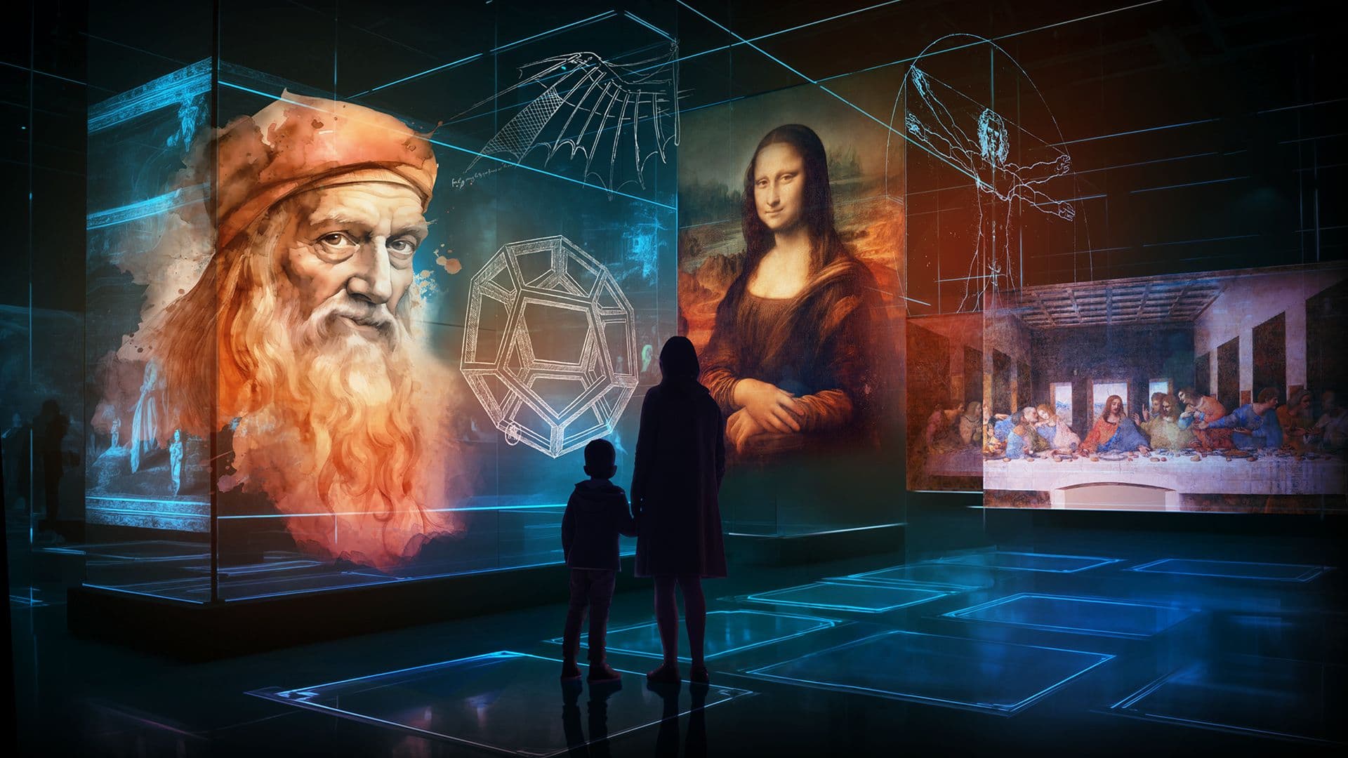 Zwei Personen betragen überlebensgroße Projektionen von Leonardo da Vinci Kunstwerken