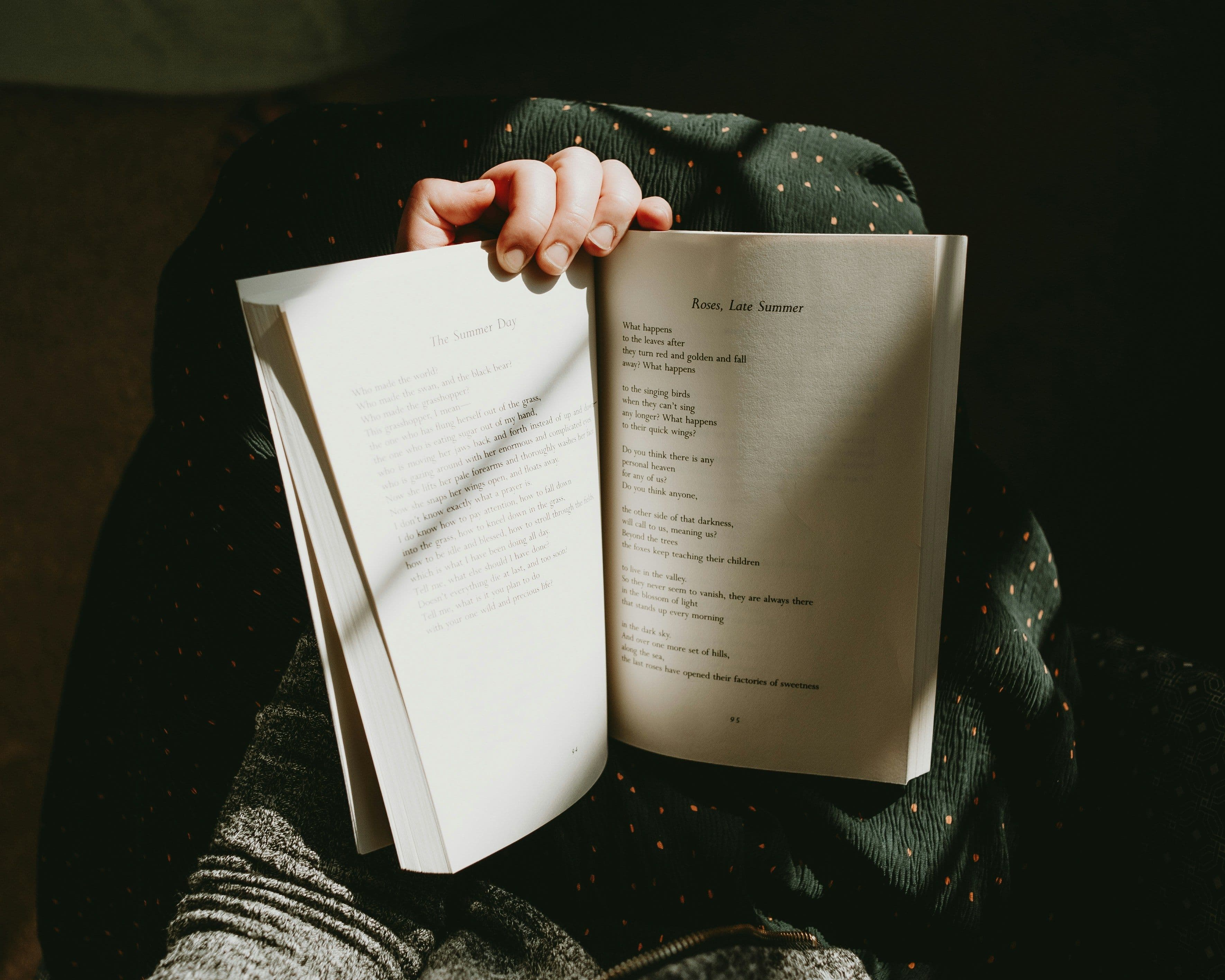 Eine Person hält ein aufgeschlagenes Buch