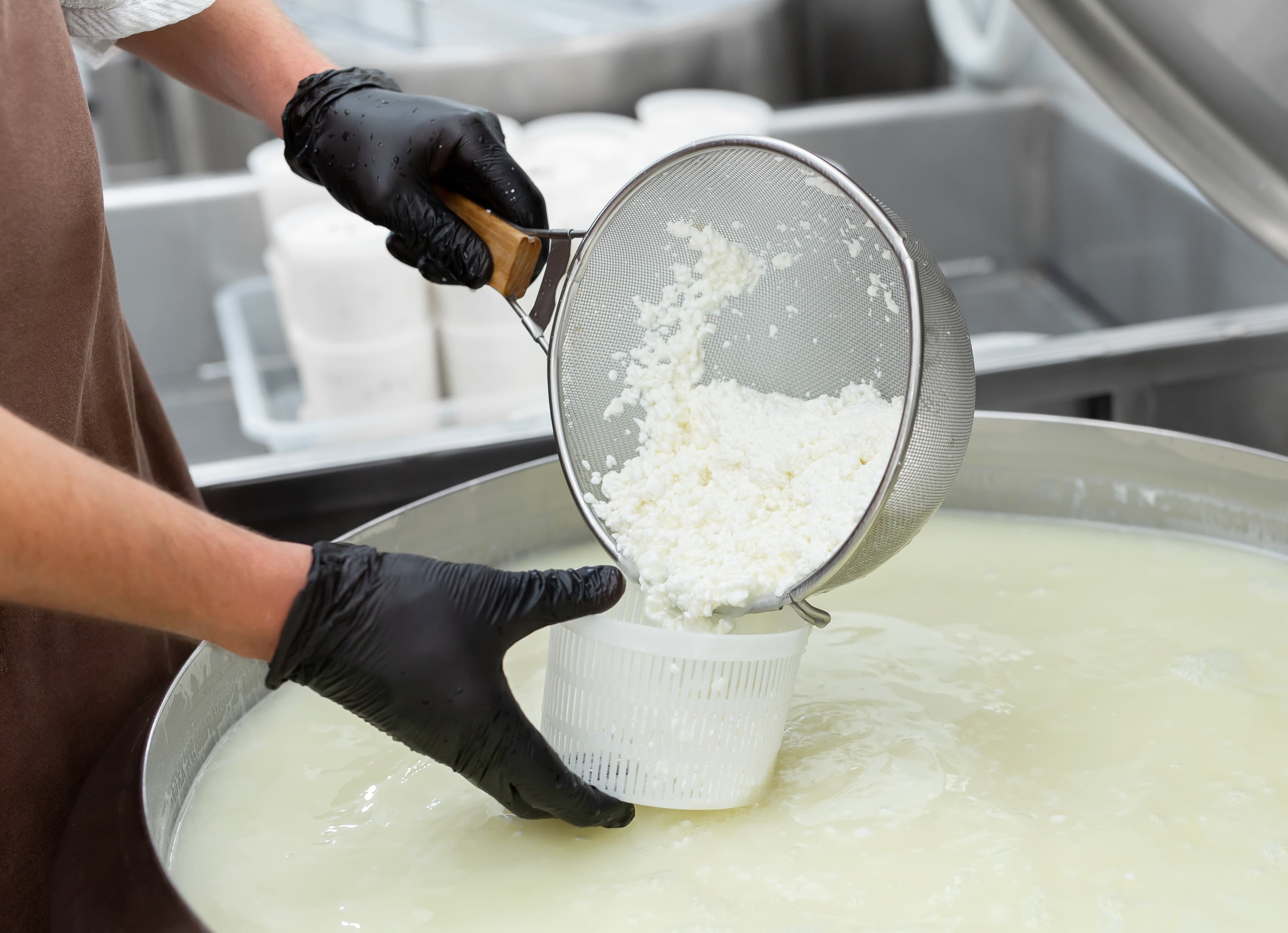 Eine Person mit Handschuhen schöpft Ricotta in eine Form