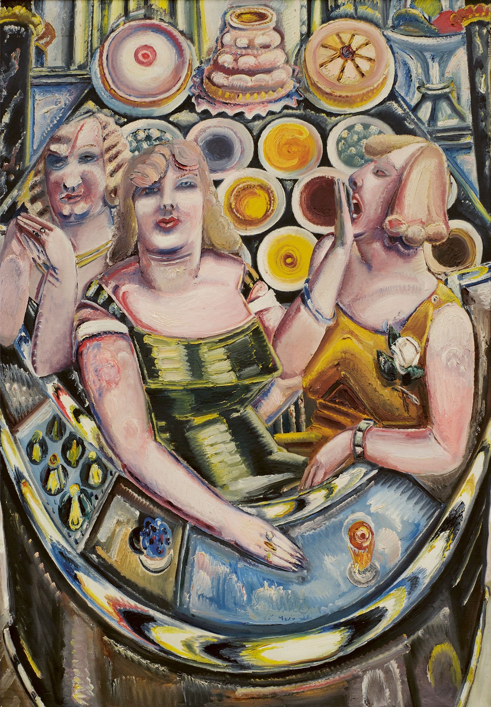 Paul Kleinschmidts Öl-Werk „Drei Bardamen" aus 1933. Drei Frauen stehen hinter einer Bar.