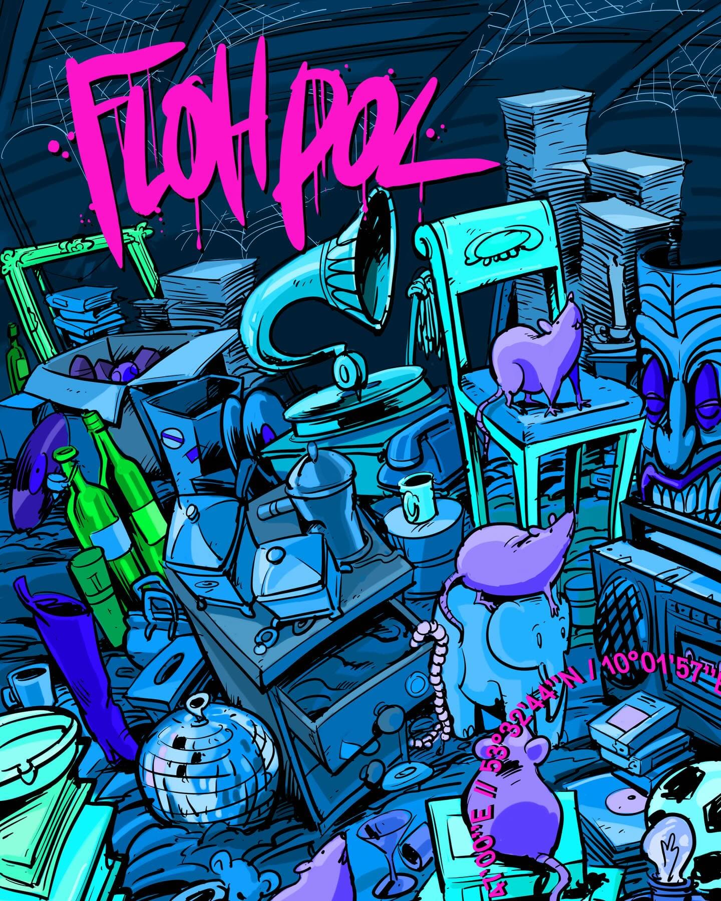 Illustration von Flohmarktwaren mit Flohpol-Schriftzug