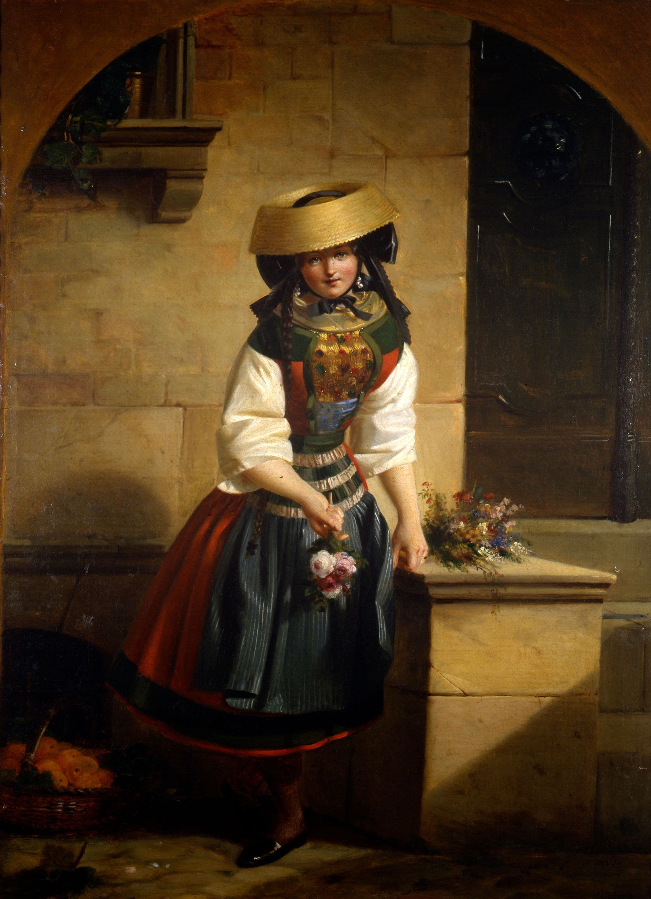 Ein Gemälde einer Frau im Kleid, die Blumen in der Hand hält