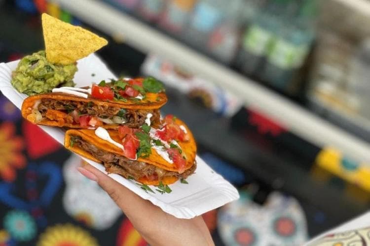 Eine Hand hält zwei servierte Streetfood-Tacos