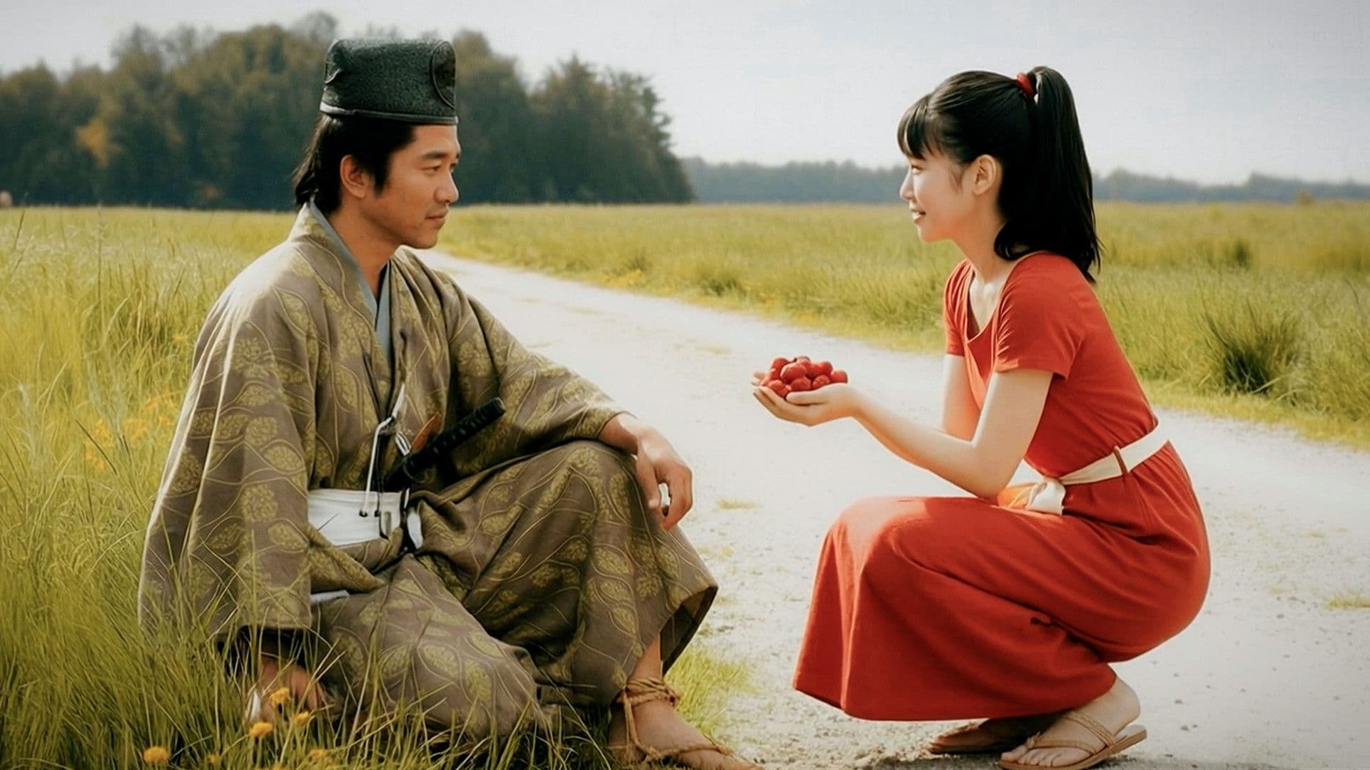 Eine Japanerin in einem roten Kleid sitzt einem Mann gegenüber
