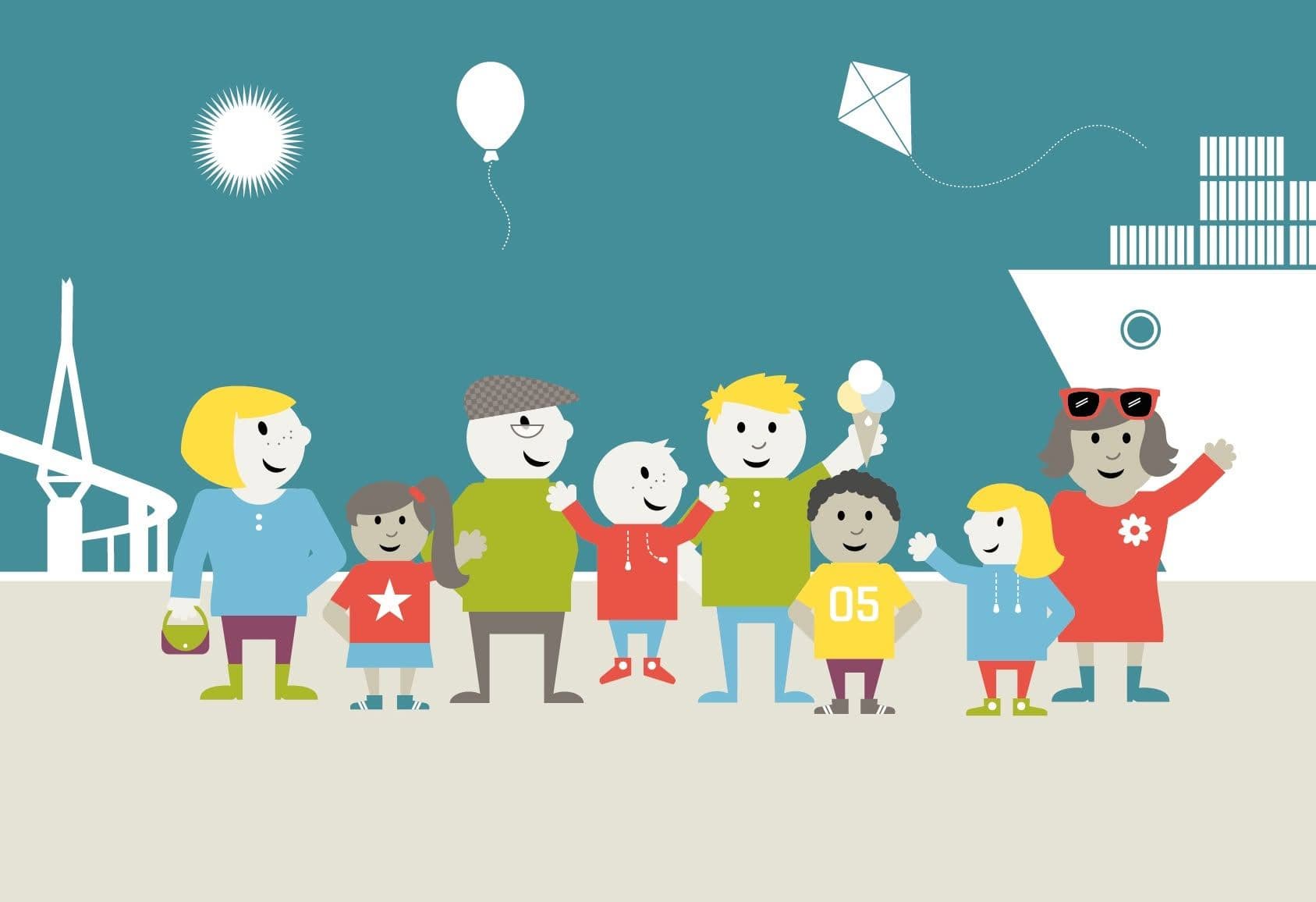 Eine Illustration mehrerer Kinder und Erwachsener