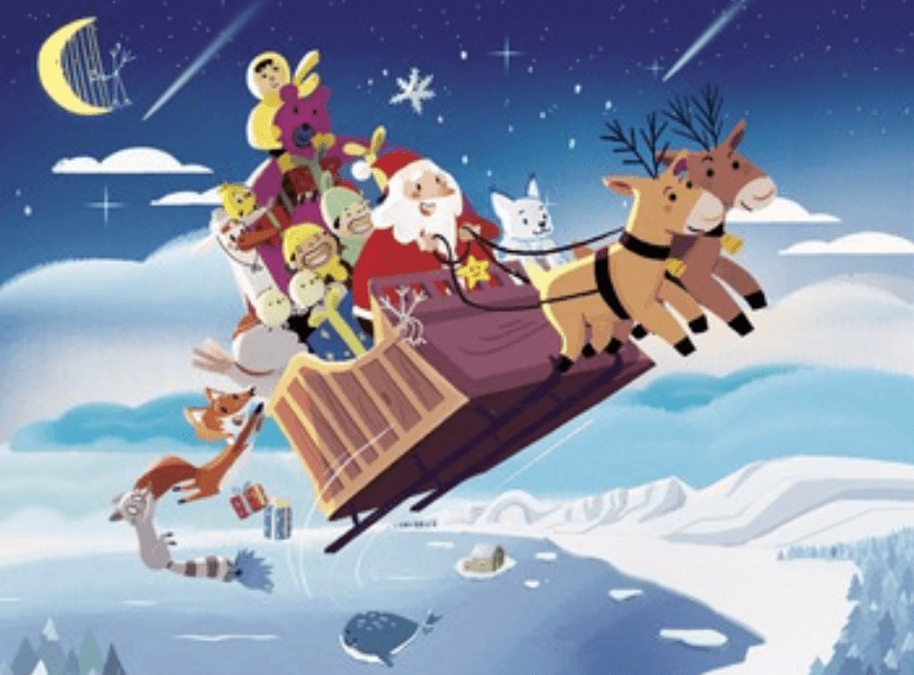 Filmstill Weihnachten der Tiere: Der Weihnachtsmann fliegt im Schlitten mit Kindern und Tieren über Schneelandlandschaft